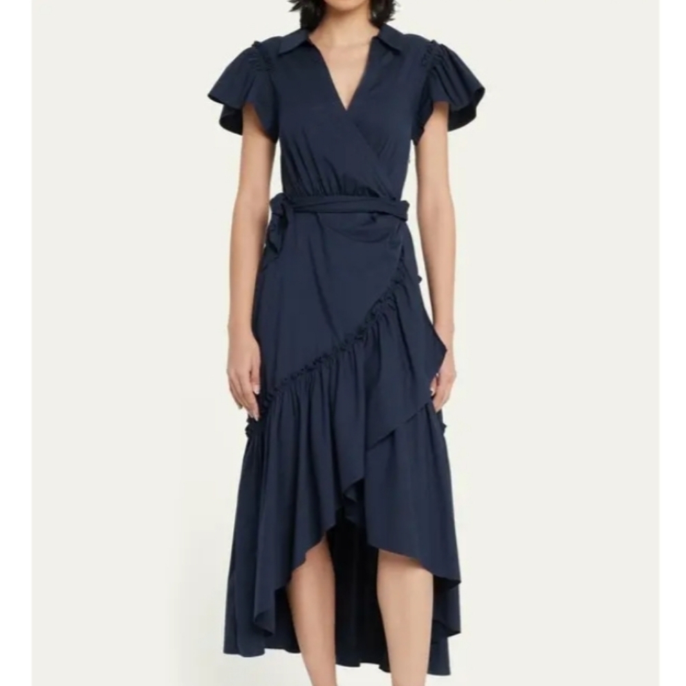 NWT Cinq A Sept Lila Ruffle Tiered Faux Wrap Side Tie Midi Dress Navy Size 0